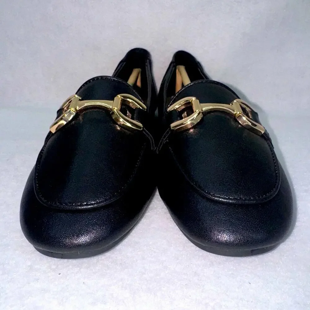 NWT Women’s Faux Leather London Rebel Snaffle Trim Flats Shoes Black size 6